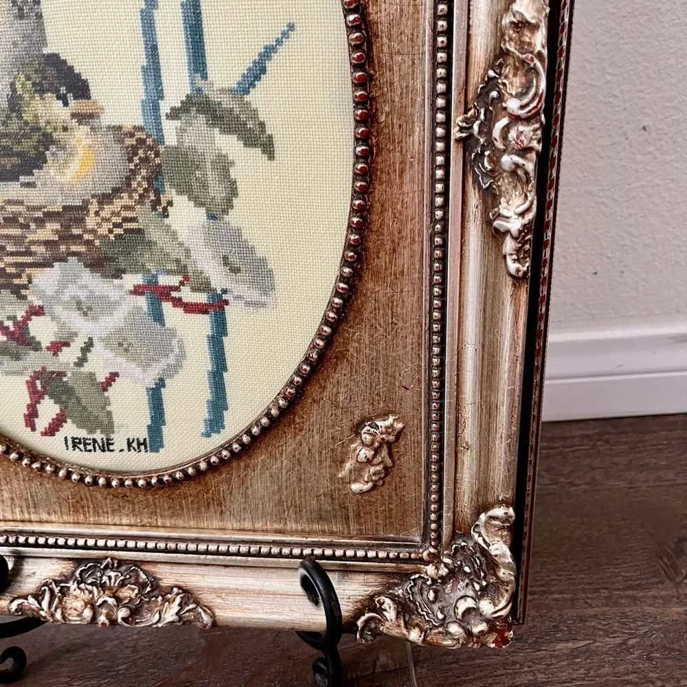 1977 Elegant Gold Framed Bird Embroidery Art 14/18 inch
